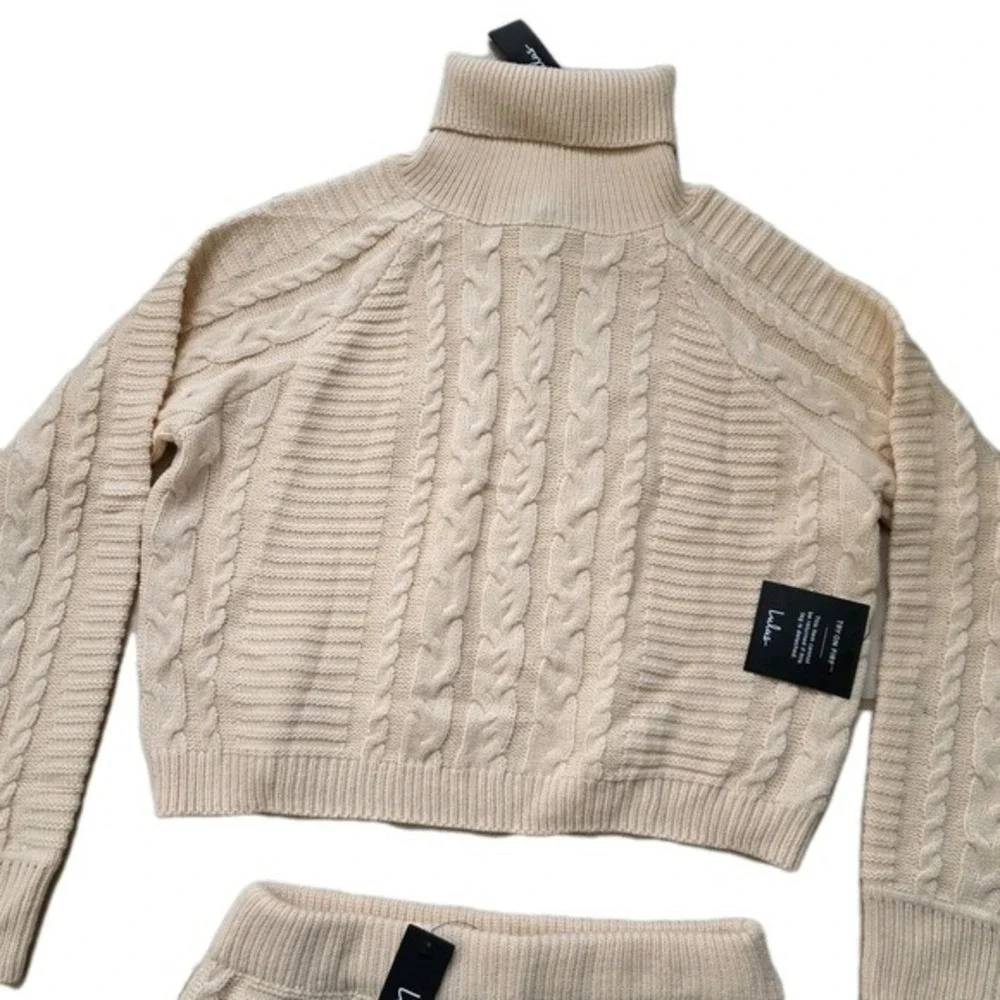 Lulus Cable Knit Sweater Mini Skirt Set Medium M Stretchy Elastic Waist Cream
